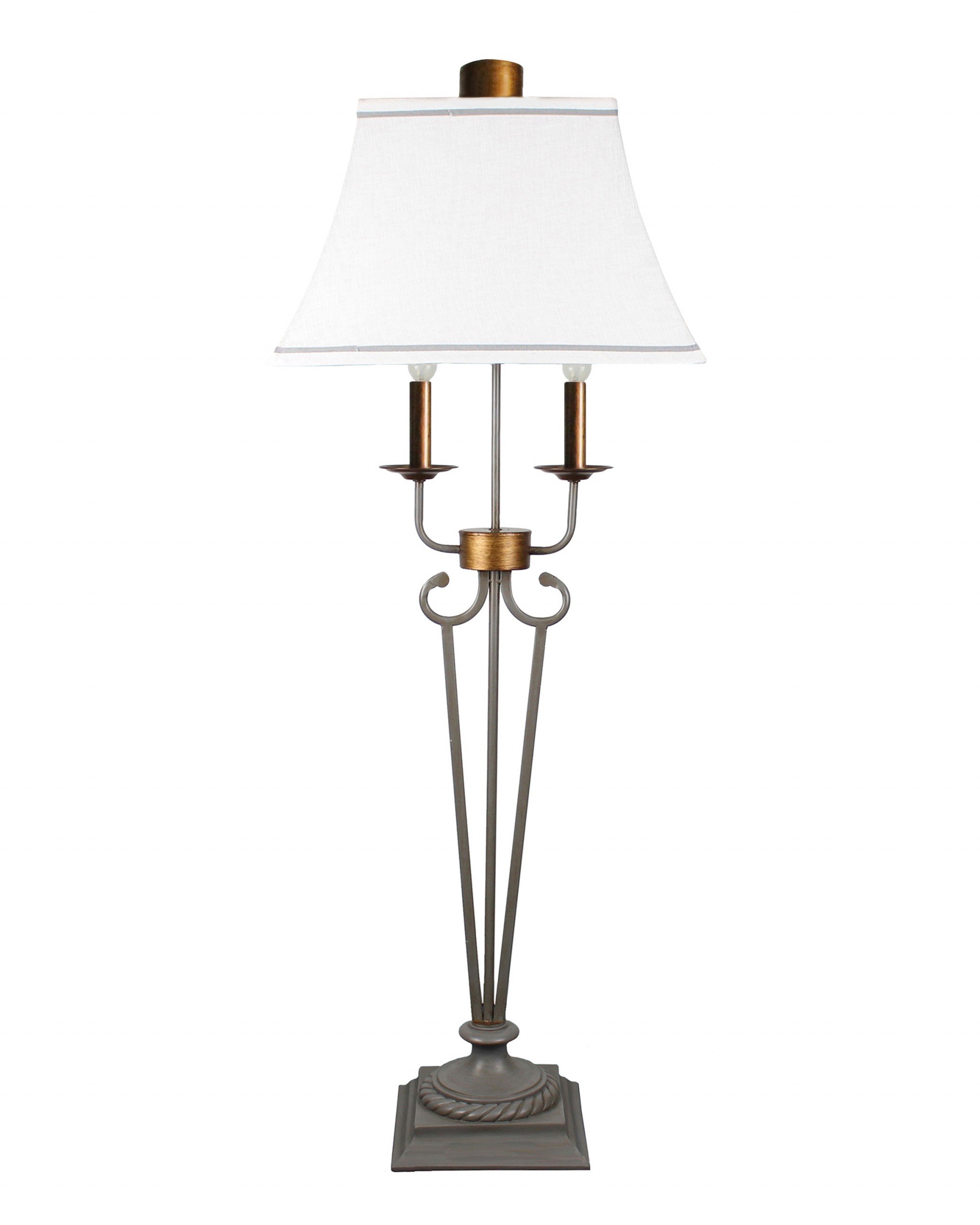 Black Metal 2 Light Double Arm Table Lamp with White Linen Shade, showcasing its elegant design and stylish finish.