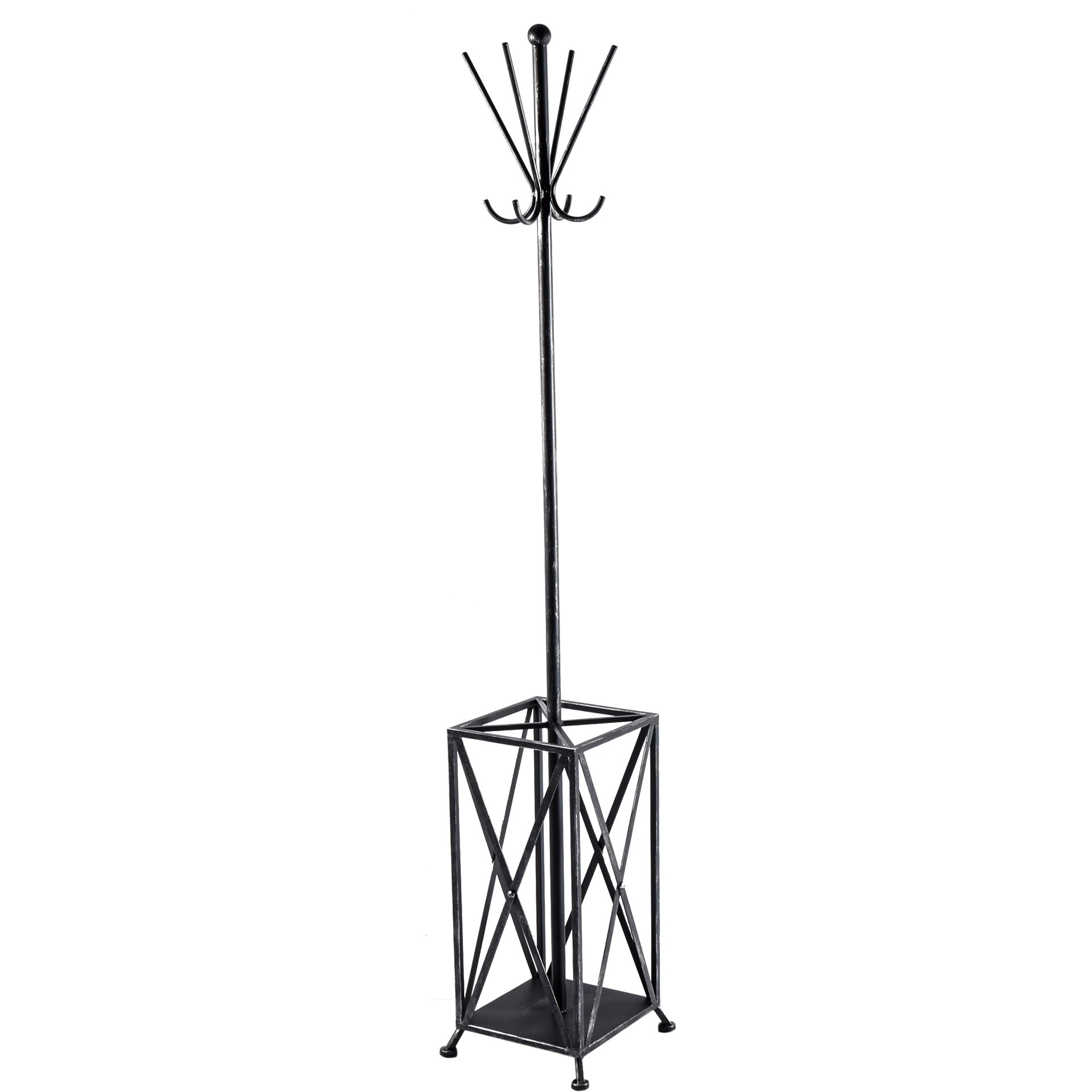 A sleek black metal coat rack featuring multiple hooks and a base for umbrella storage, ideal for entryways.