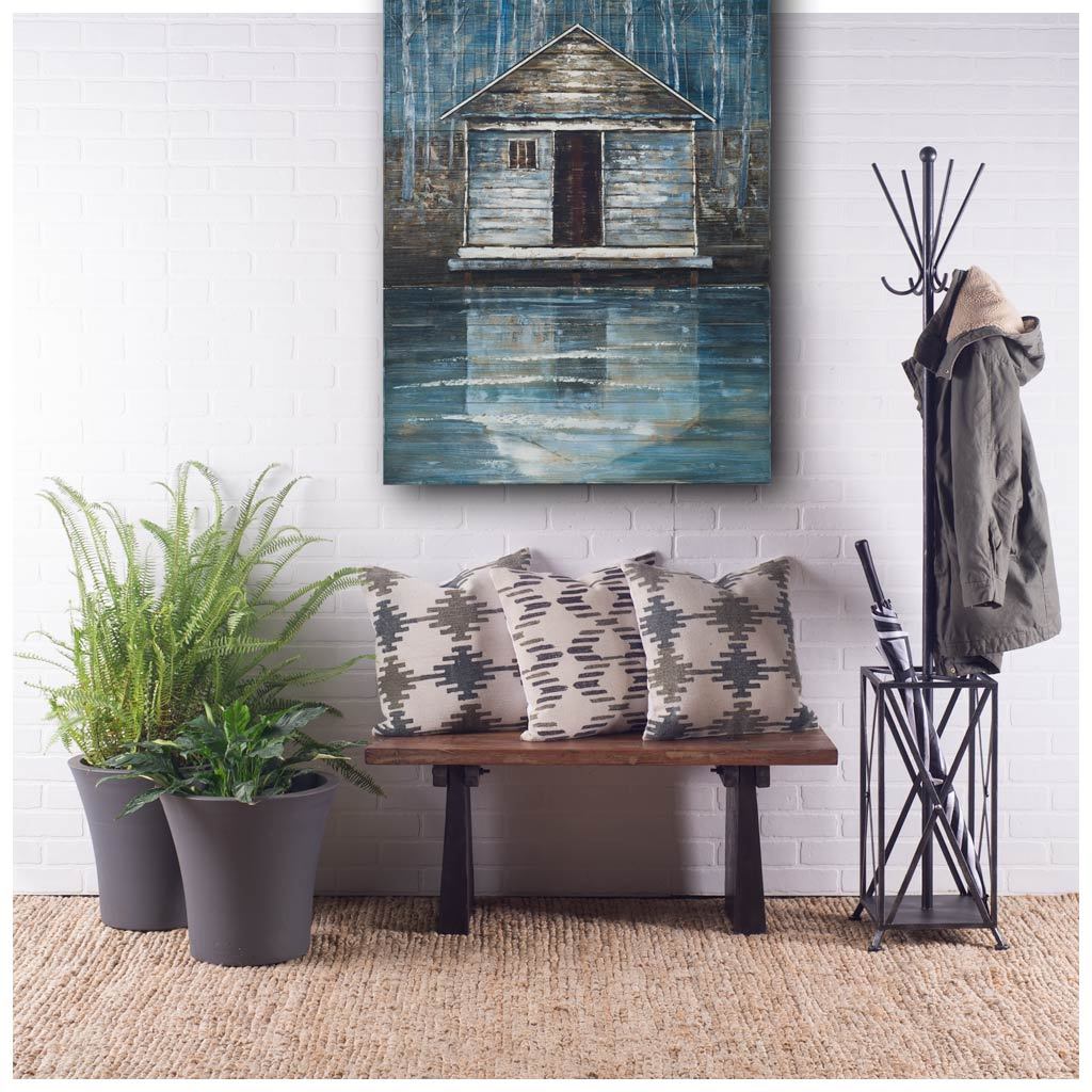 A sleek black metal coat rack featuring multiple hooks and a base for umbrella storage, ideal for entryways.