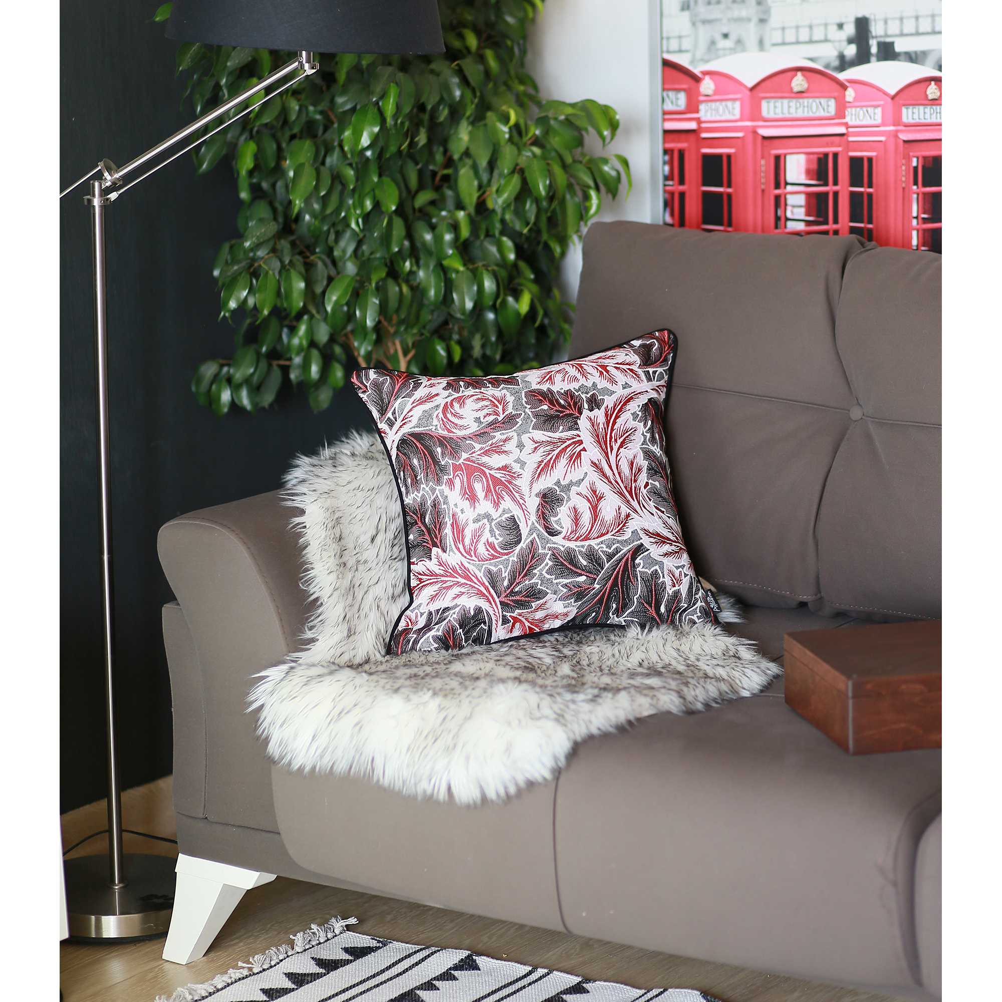 Black Red and White Jacquard Leaf Decorative Throw Pillow Cover featuring a leaf pattern with black binding and hidden zipper closure.