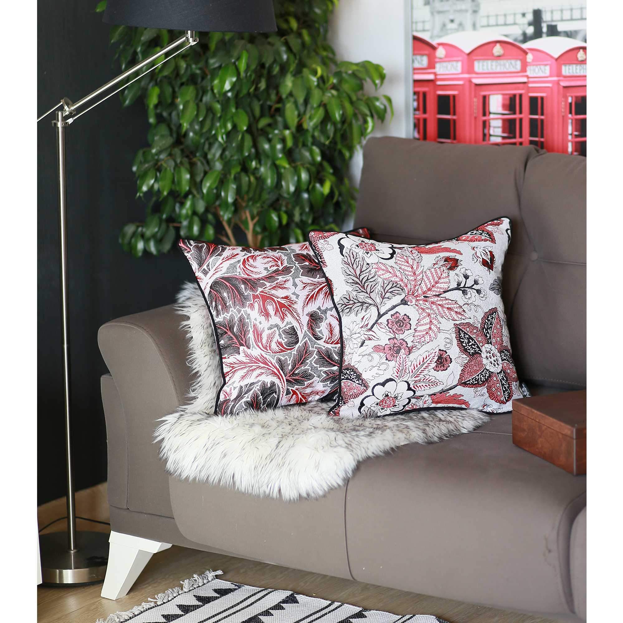 Black Red and White Jacquard Leaf Decorative Throw Pillow Cover featuring a leaf pattern with black binding and hidden zipper closure.