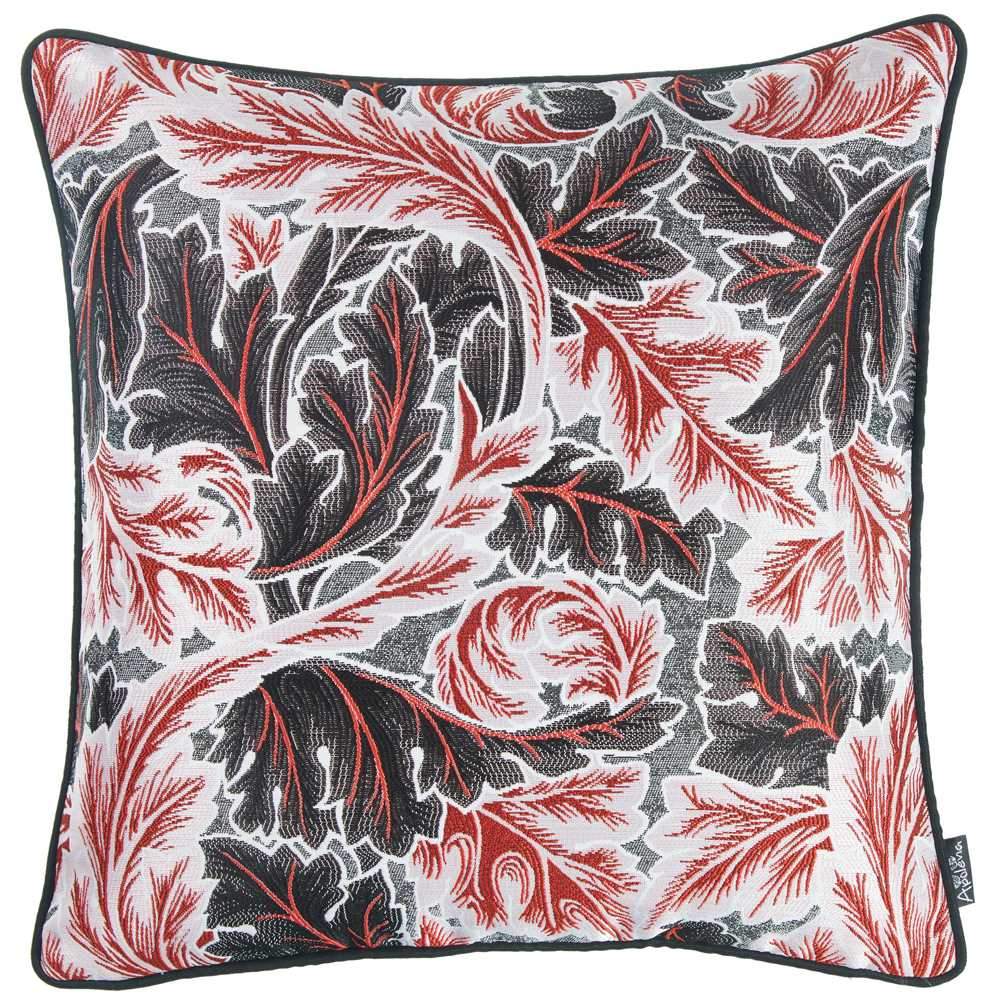 Black Red and White Jacquard Leaf Decorative Throw Pillow Cover featuring a leaf pattern with black binding and hidden zipper closure.