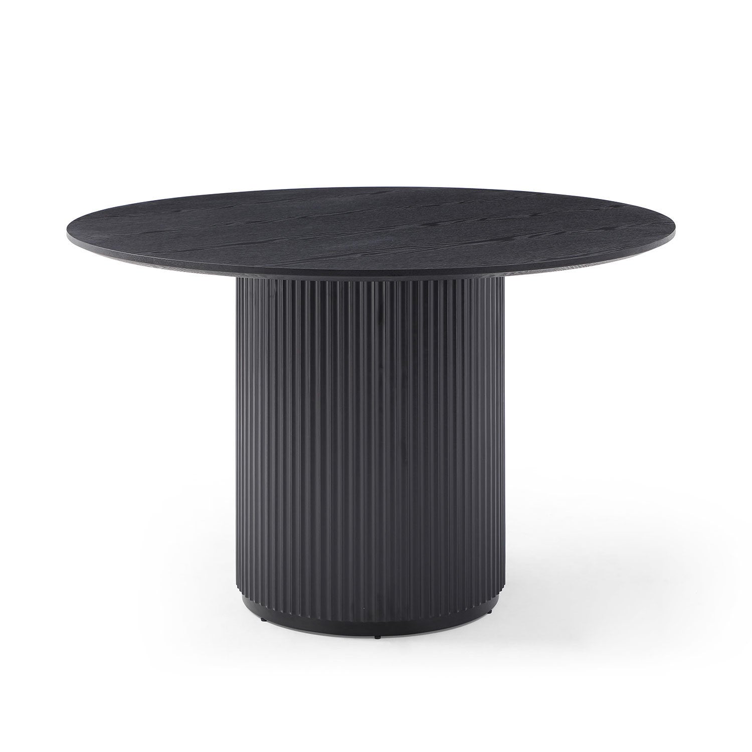 Black round dining table with MDF handcraft pedestal base, showcasing a sleek design and elegant finish.