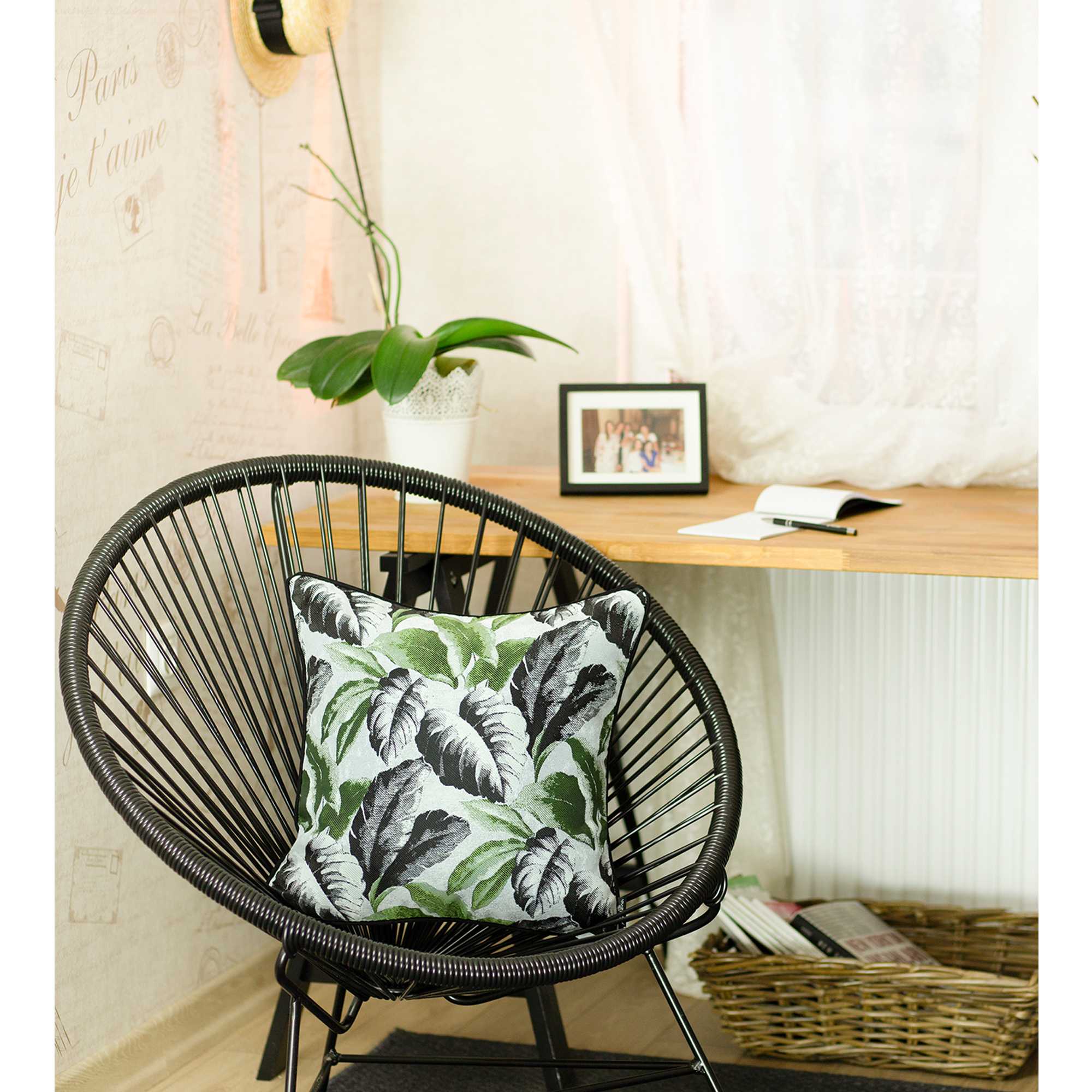 Black White and Green Tropical Leaf Throw Pillow Cover featuring a vibrant tropical leaf design with black binding and hidden zipper closure.