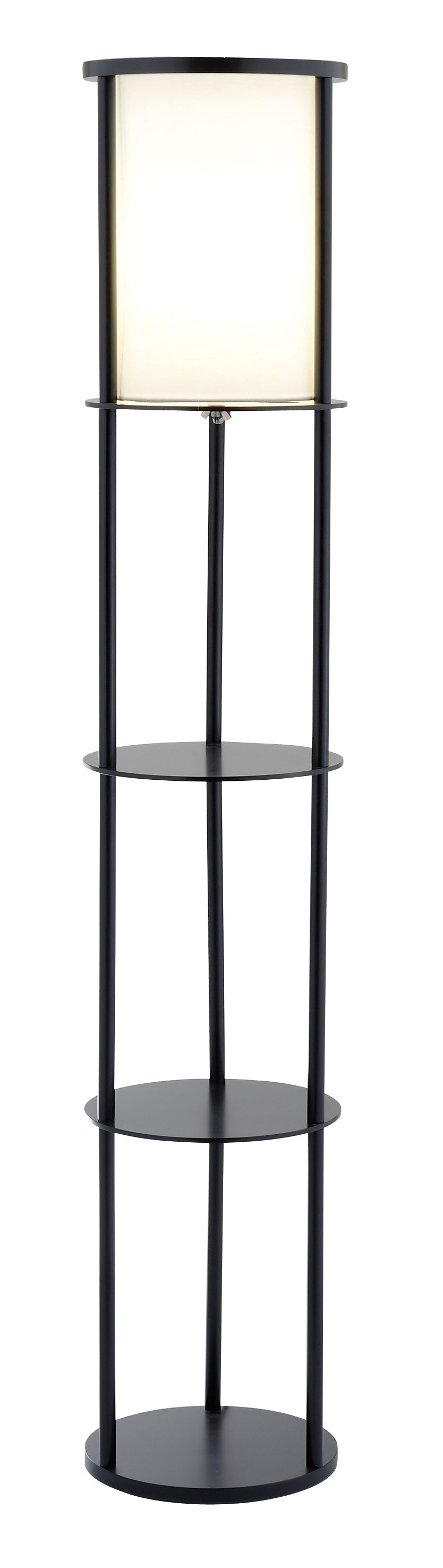 Black wood finish floor lamp with two circular storage shelves and white fabric shade, perfect for modern decor.