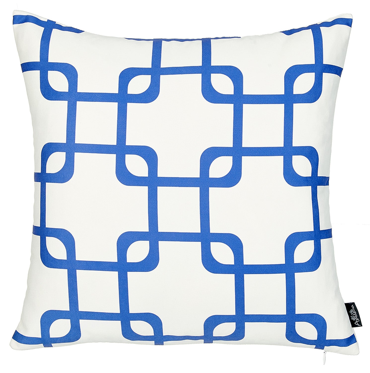 Blue and white geometric squares decorative throw pillow cover with hidden zipper, soft polyester fabric, and solid white backside.
