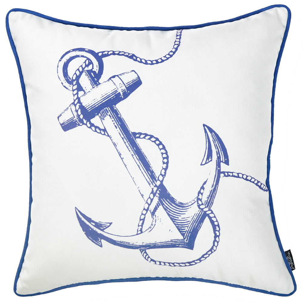 Blue and white decorative throw pillow cover featuring a nautical anchor design, perfect for beach house decor.