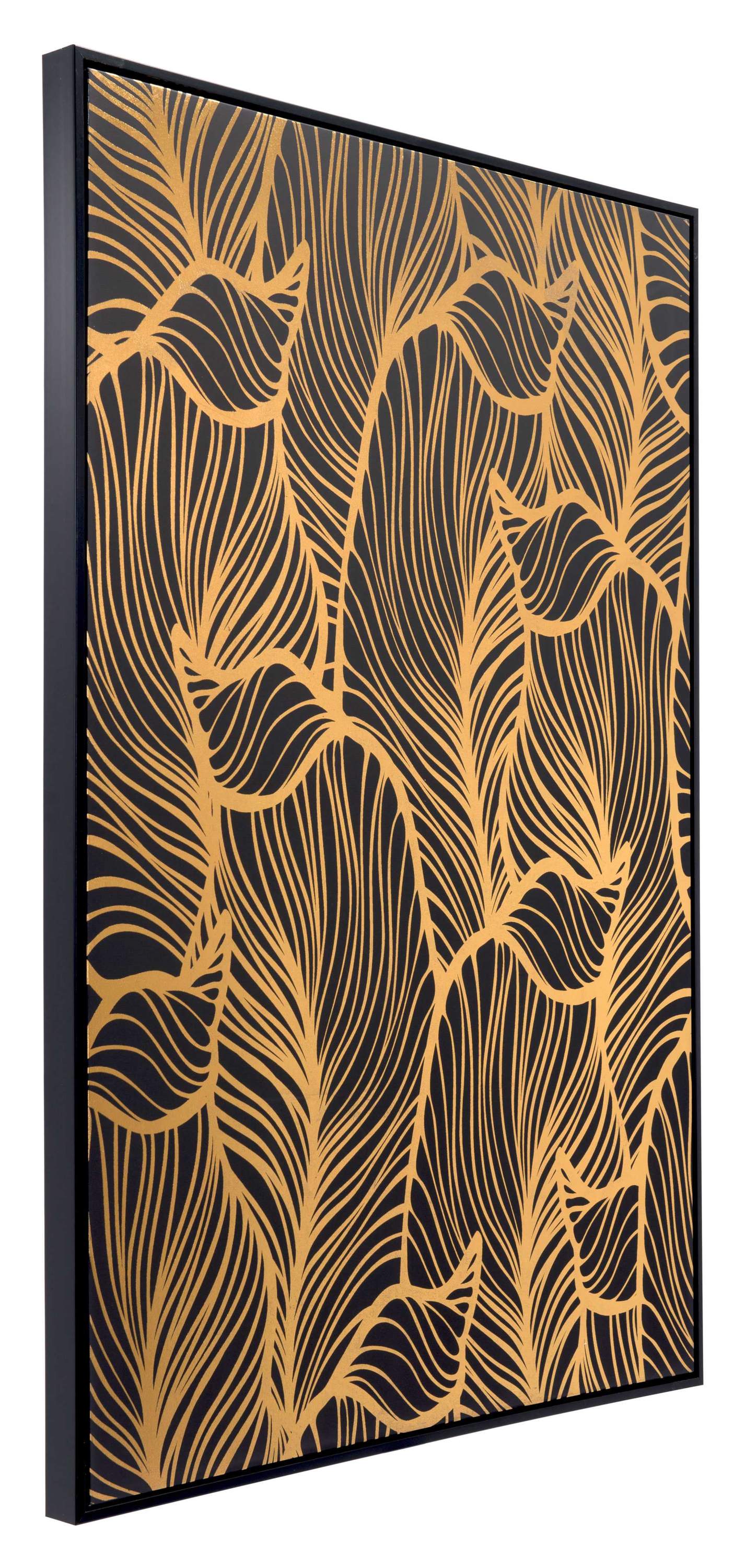 Bold Black and Gold Flora Canvas art featuring striking leaves on a pinewood frame, perfect for home decor.