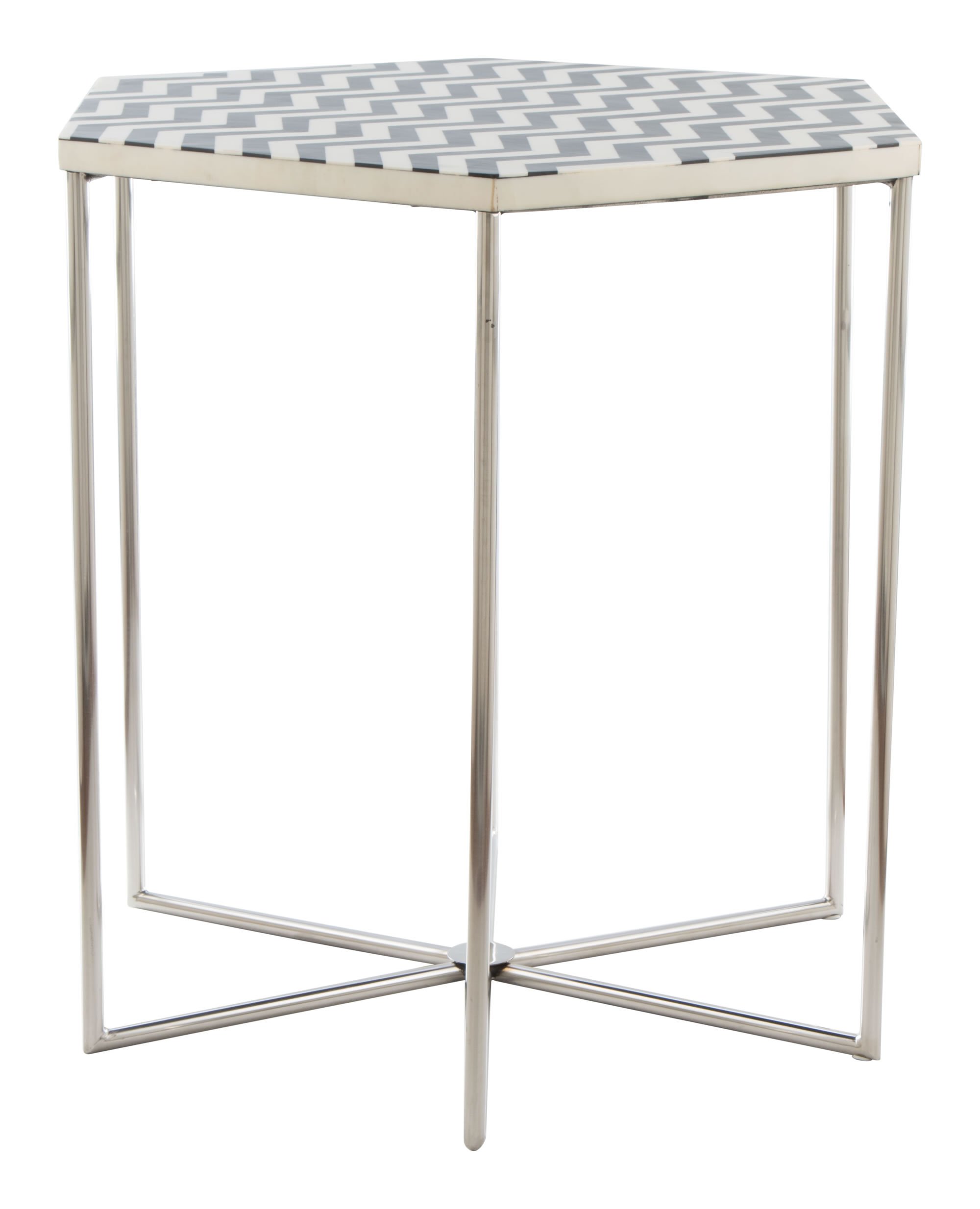 Bold Black and White Hexagonal Side End Table with resin top and stainless steel legs, showcasing a modern design.