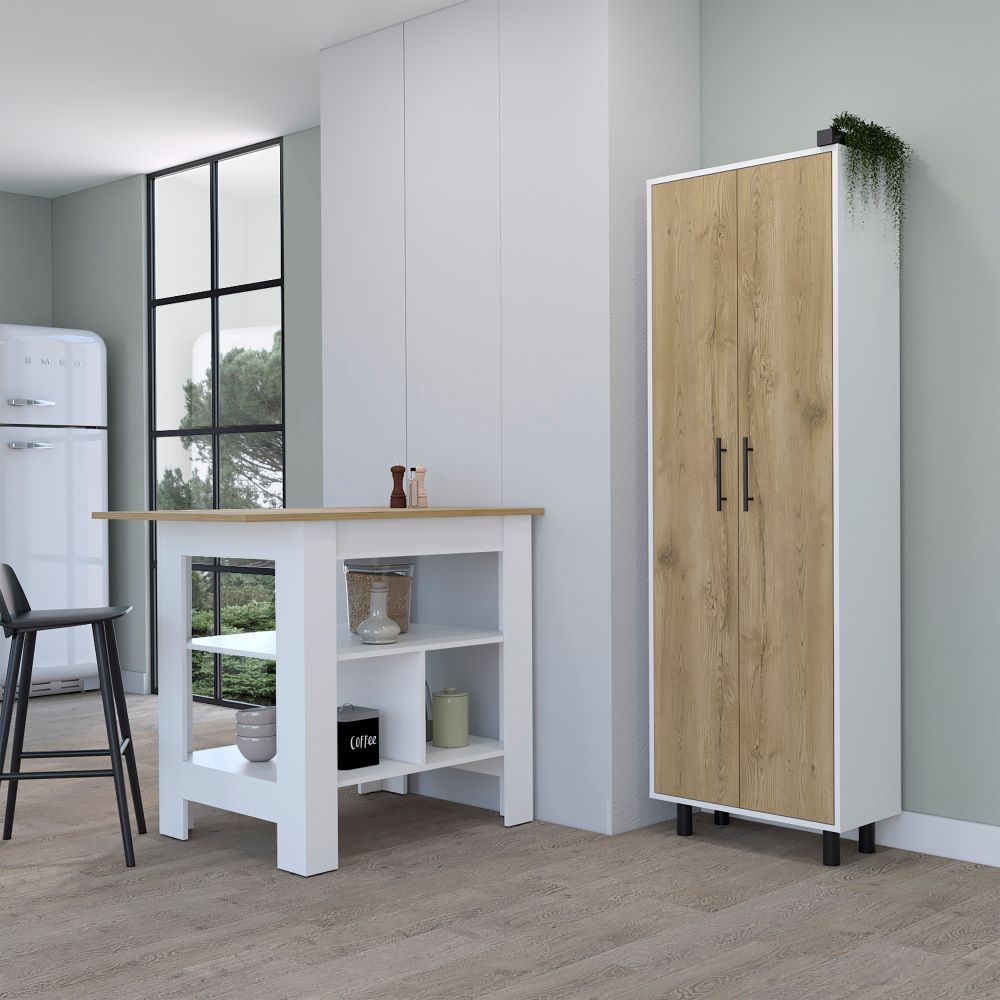Bowie 2 Piece Kitchen Set featuring a white kitchen island and pantry cabinet with light oak accents, showcasing modern design and ample storage.