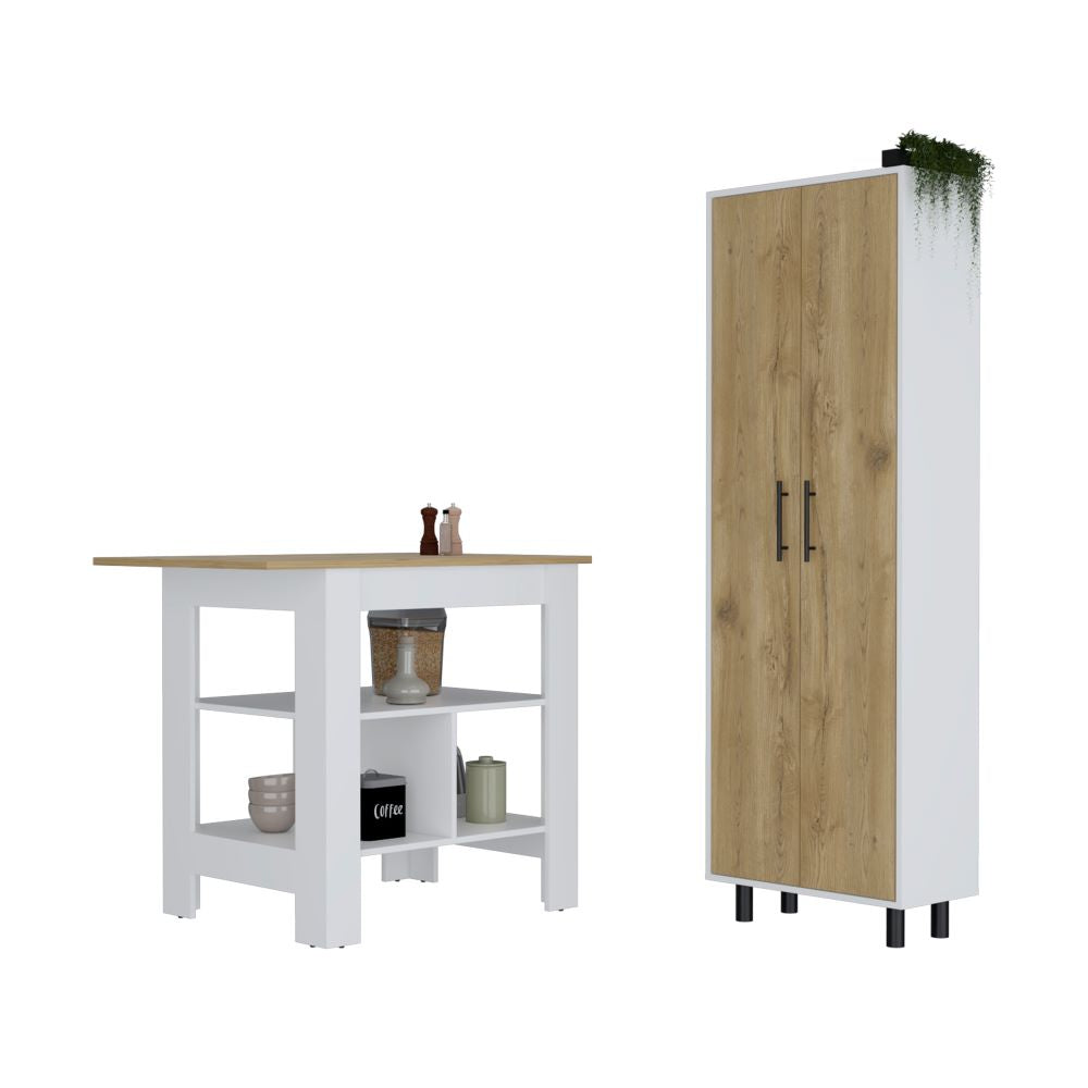 Bowie 2 Piece Kitchen Set featuring a white kitchen island and pantry cabinet with light oak accents, showcasing modern design and ample storage.