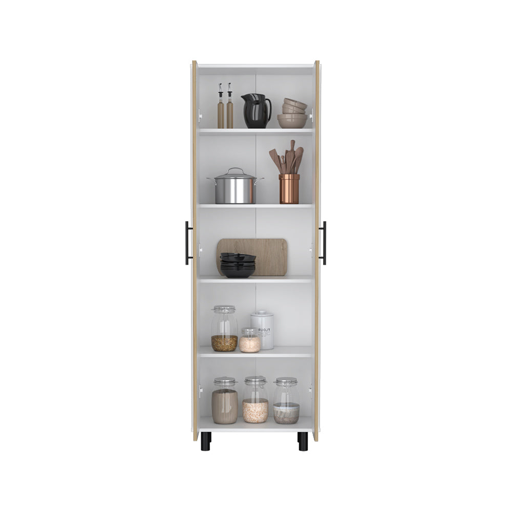 Bowie 2 Piece Kitchen Set featuring a white kitchen island and pantry cabinet with light oak accents, showcasing modern design and ample storage.