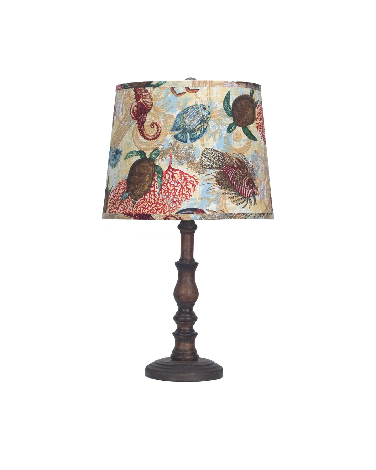 Brown traditional table lamp featuring a sea turtles printed shade, elegantly designed for home decor.