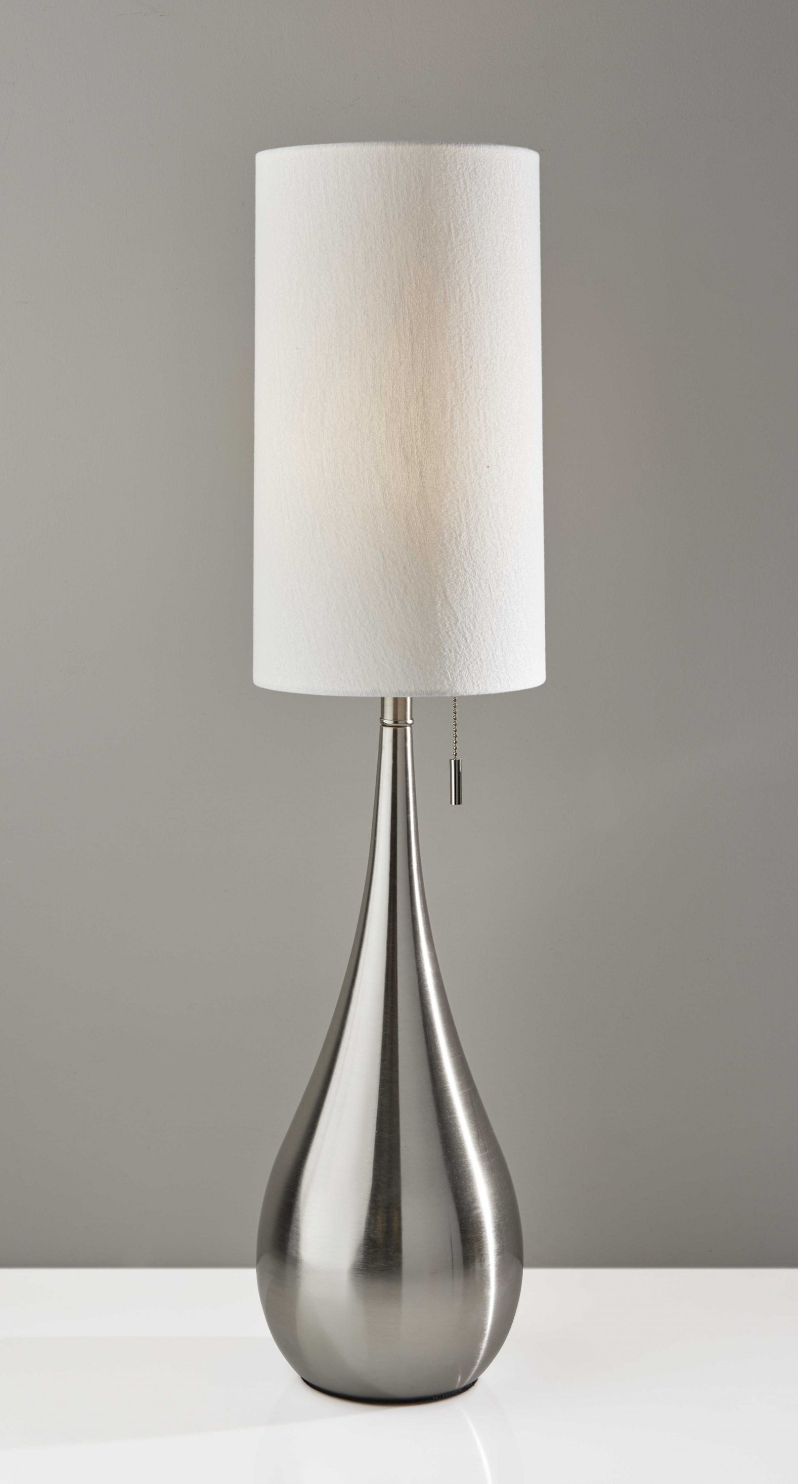 Brushed Steel Metal Teardrop Table Lamp with textured white drum shade, standing tall at 34.5 inches, showcasing modern chic design.
