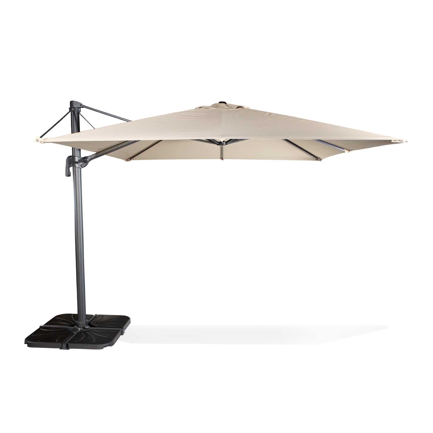 A large 9.8 x 9.8ft cantilever umbrella with a cross base, showcasing its tilt system and air vent, perfect for outdoor shade.