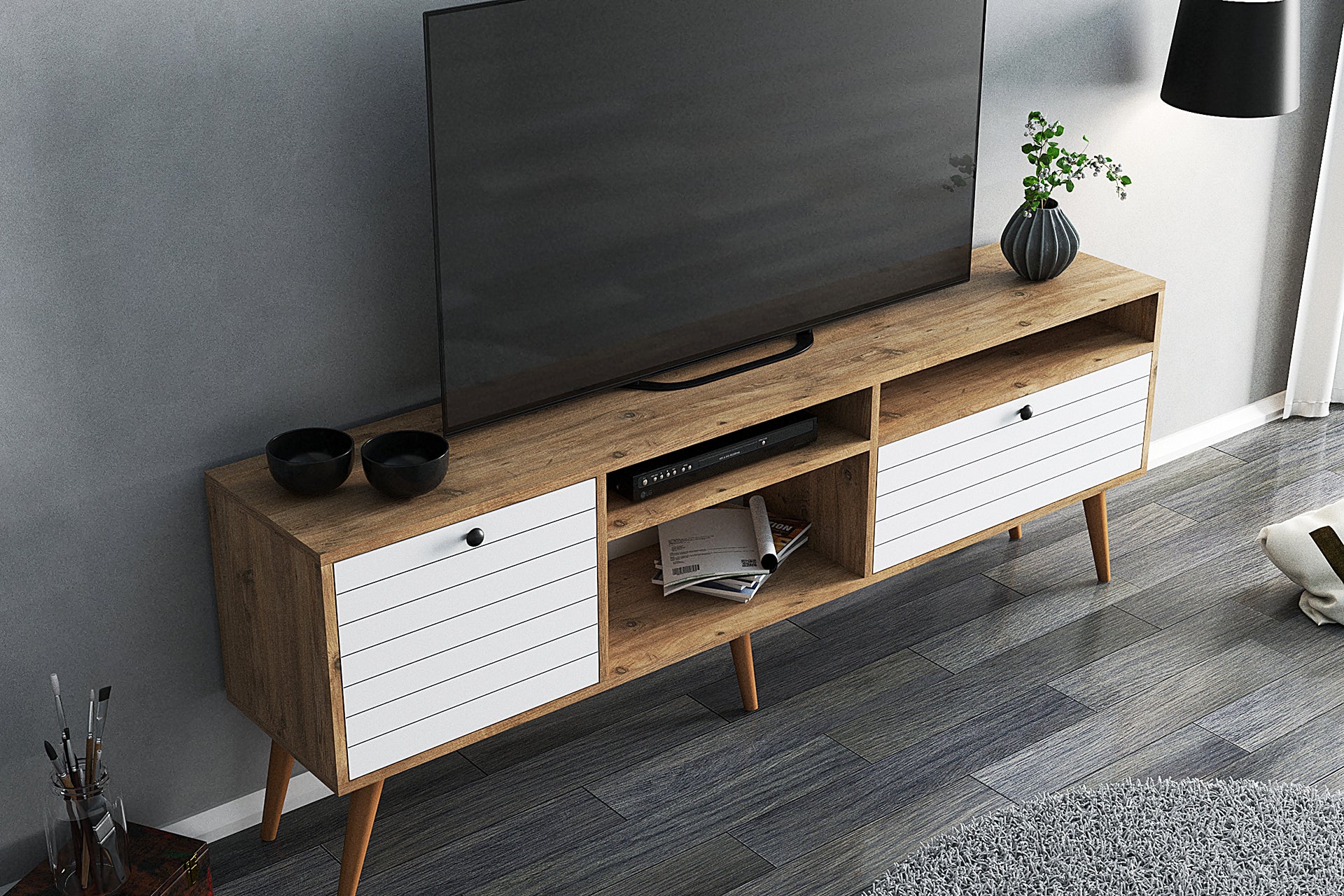 Carmona TV Stand & Media Console featuring elegant wooden design with white doors, accommodating TVs up to 80 inches.