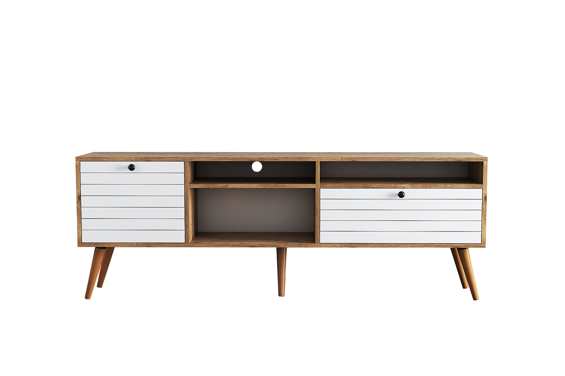Carmona TV Stand & Media Console featuring elegant wooden design with white doors, accommodating TVs up to 80 inches.