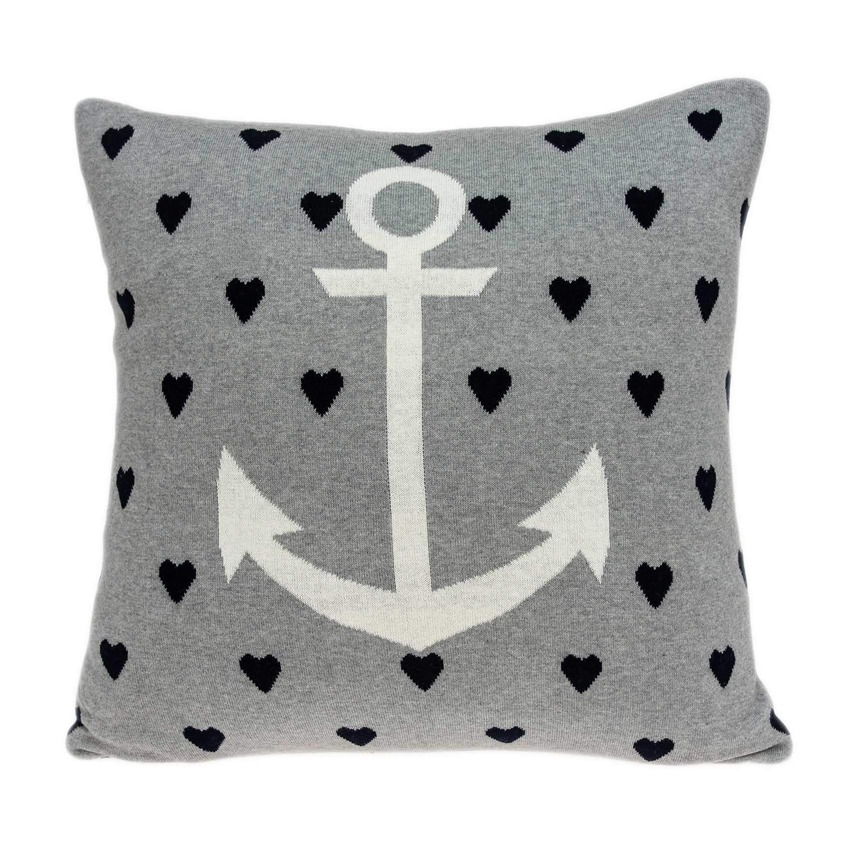 Casual Square Grey Nautical Anchor Accent Pillow featuring a ship anchor pattern in gray and blue with white accents.
