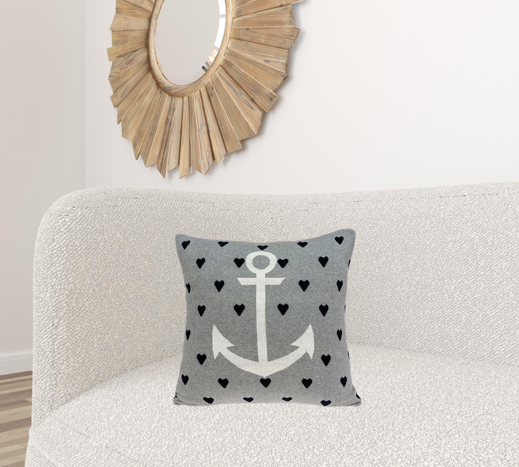 Casual Square Grey Nautical Anchor Accent Pillow featuring a ship anchor pattern in gray and blue with white accents.