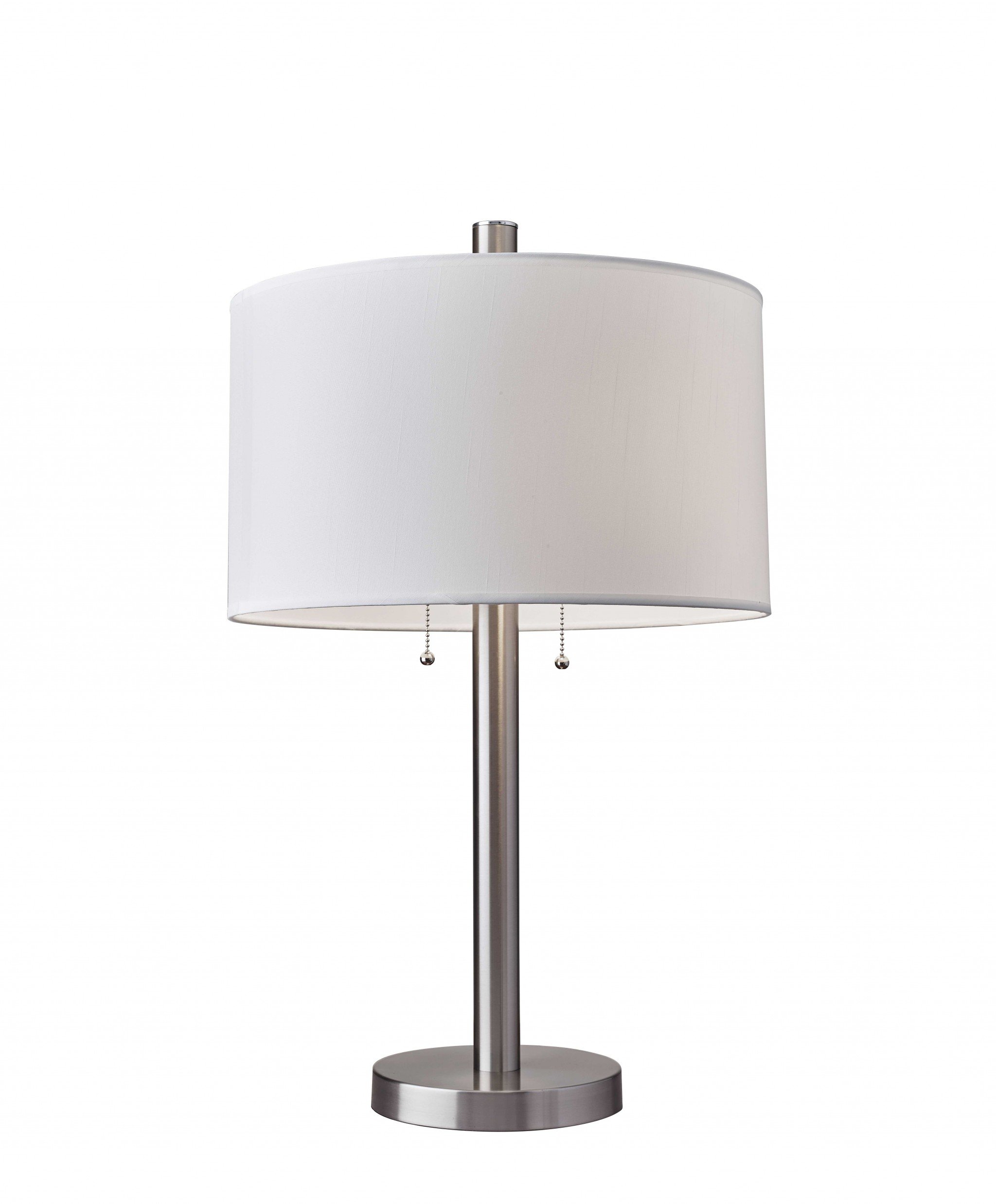 Classic Brushed Steel Metal Table Lamp with white silk-like shade and pull chain switches, showcasing a modern design.