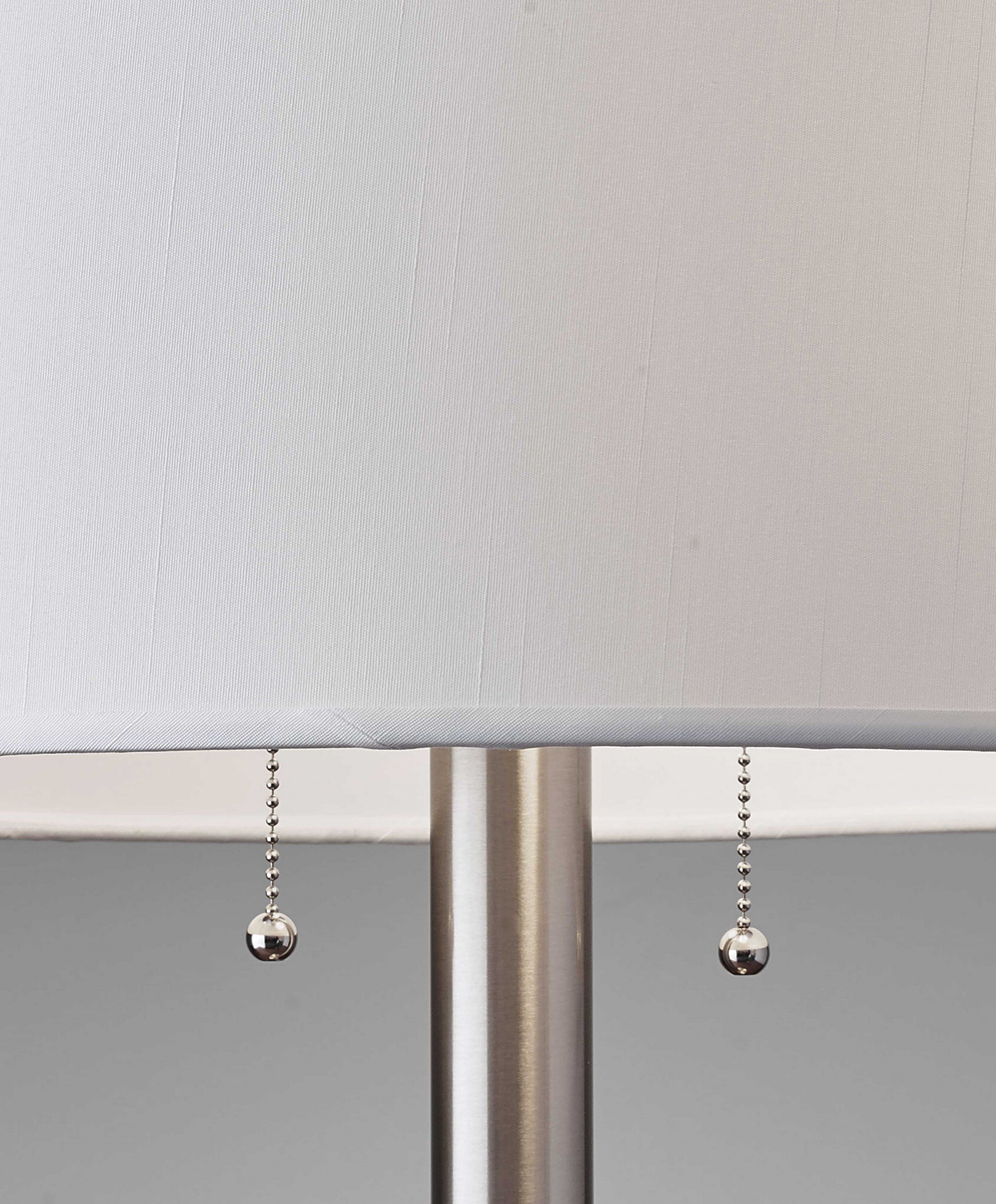 Classic Brushed Steel Metal Table Lamp with white silk-like shade and pull chain switches, showcasing a modern design.