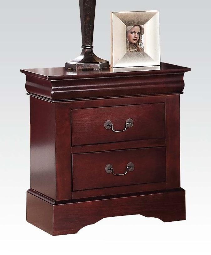 Classic Cherry Finish 2 Drawer Wooden Nightstand with brushed nickel handles and two spacious drawers.