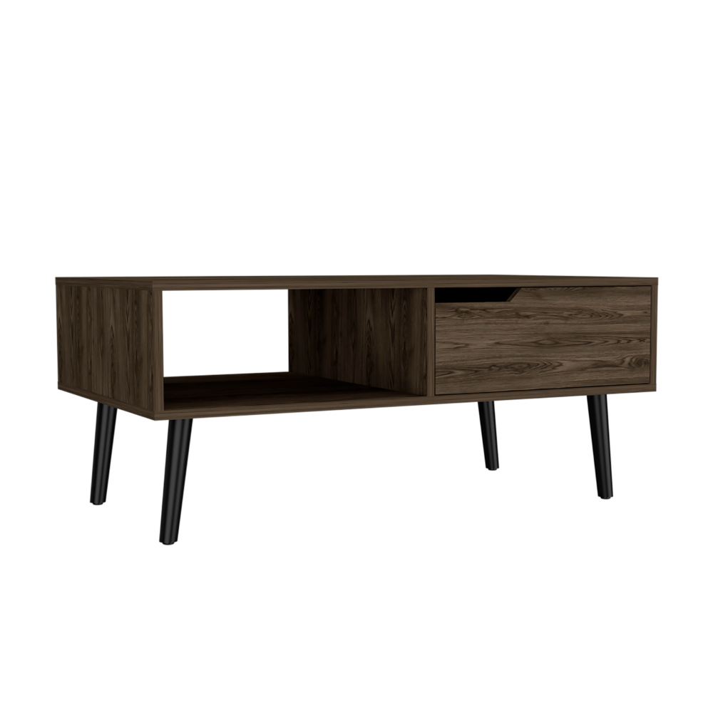 Bull Coffee Table in dark walnut finish with one drawer and one open shelf, showcasing its elegant design and sturdy four-legged structure.