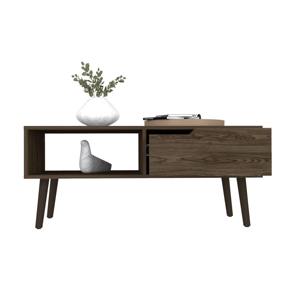 Bull Coffee Table in dark walnut finish with one drawer and one open shelf, showcasing its elegant design and sturdy four-legged structure.