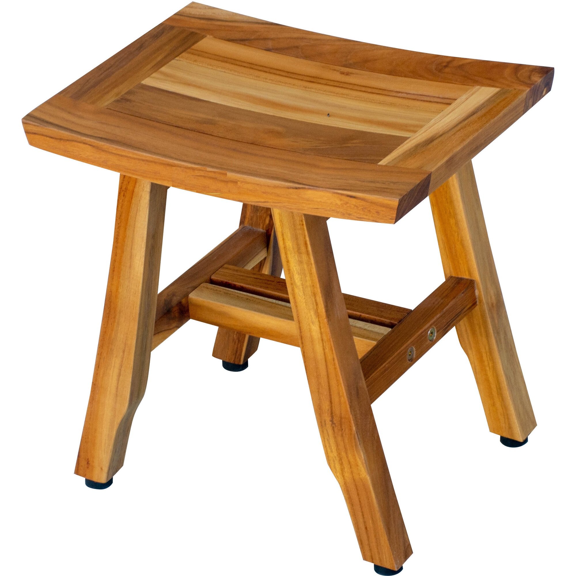 Compact Curvilinear Teak Shower Bench with a modern design, showcasing its curved seat and natural finish, suitable for indoor and outdoor use.