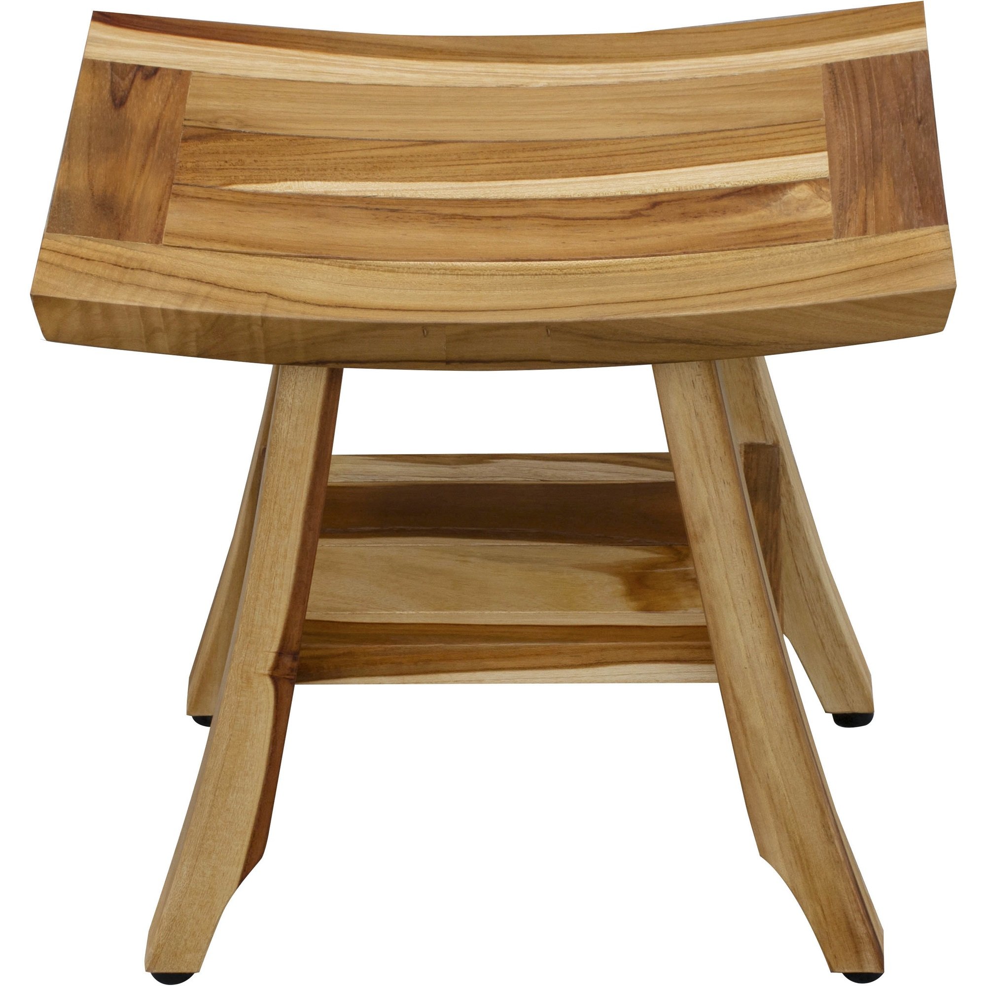 Compact rectangular teak shower bench with shelf, showcasing its natural wood finish and utility shelf for storage.