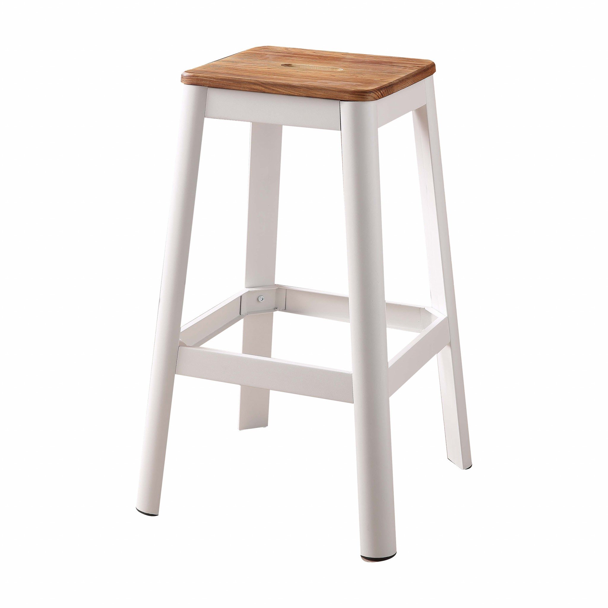 Contrast White and Natural Wood Bar Stool featuring a solid pine wood seat and sturdy metal base, ideal for modern dining spaces.
