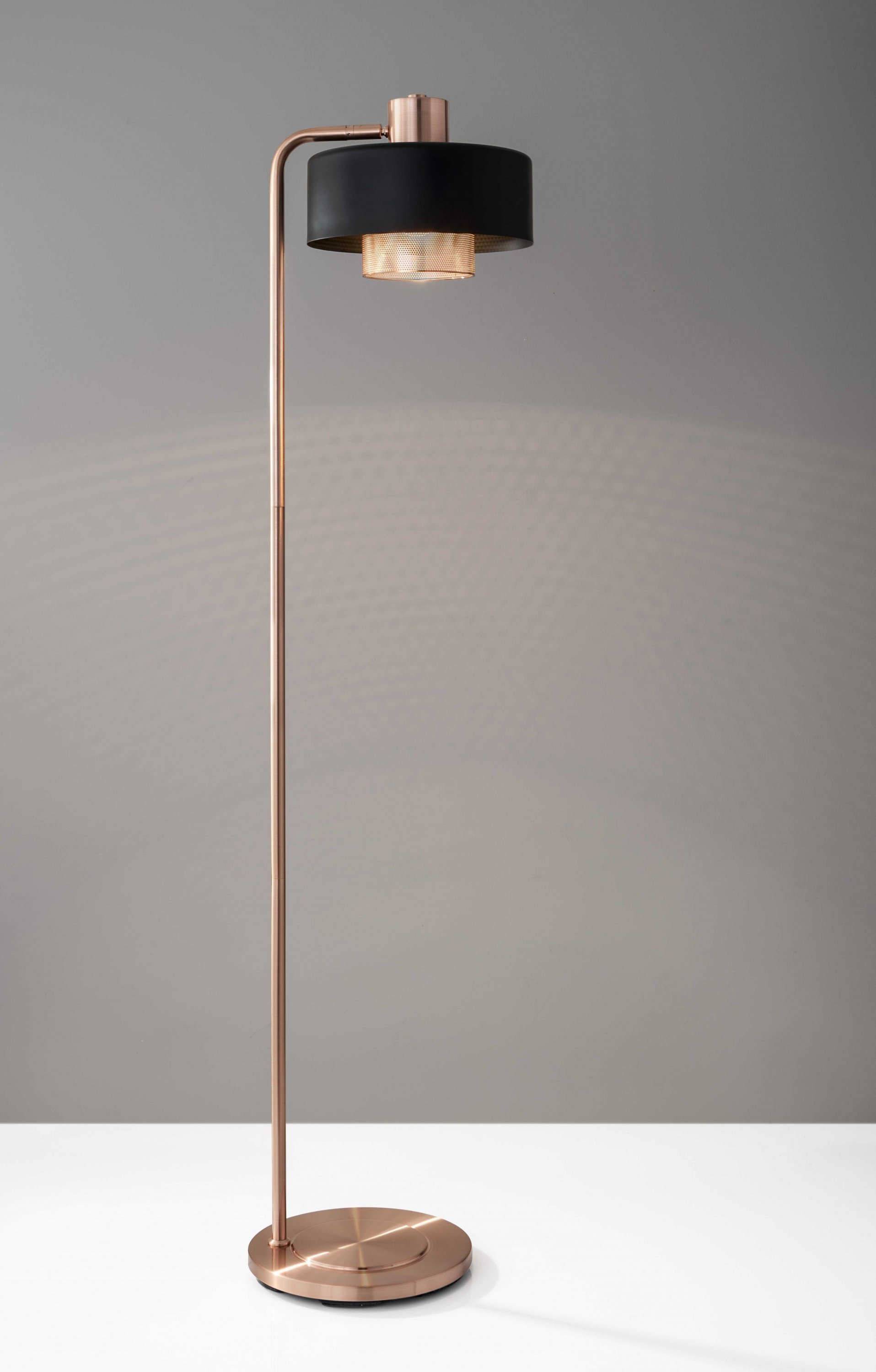Copper Metal Floor Lamp with a black canopy shade, featuring a perforated inner shade and adjustable design.