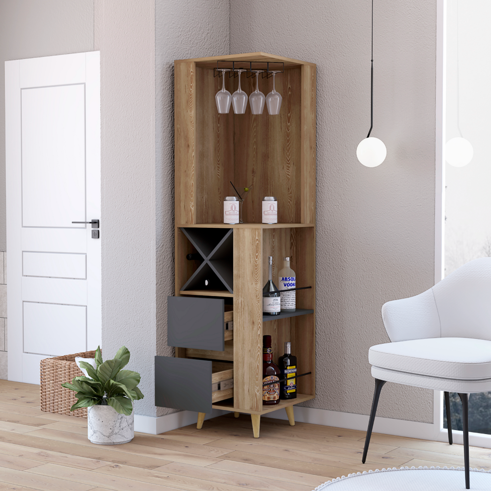 Caguas Corner Bar Cabinet featuring two external shelves and four wine cubbies, elegantly designed in pine manufactured wood.