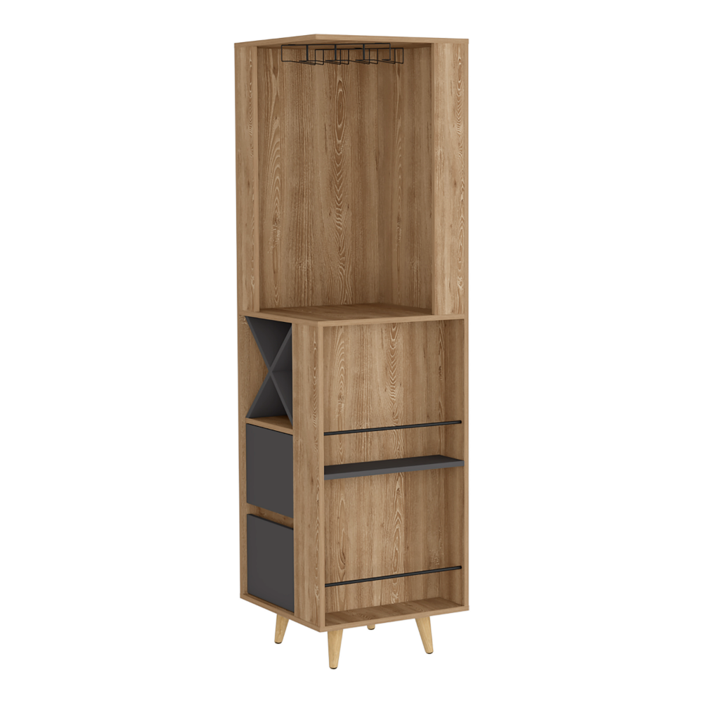 Caguas Corner Bar Cabinet featuring two external shelves and four wine cubbies, elegantly designed in pine manufactured wood.