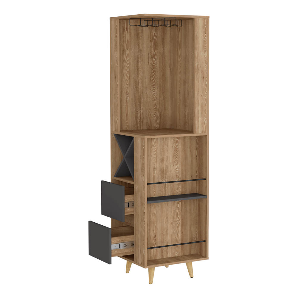 Caguas Corner Bar Cabinet featuring two external shelves and four wine cubbies, elegantly designed in pine manufactured wood.