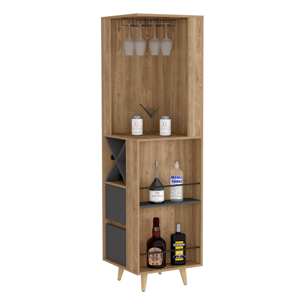 Caguas Corner Bar Cabinet featuring two external shelves and four wine cubbies, elegantly designed in pine manufactured wood.