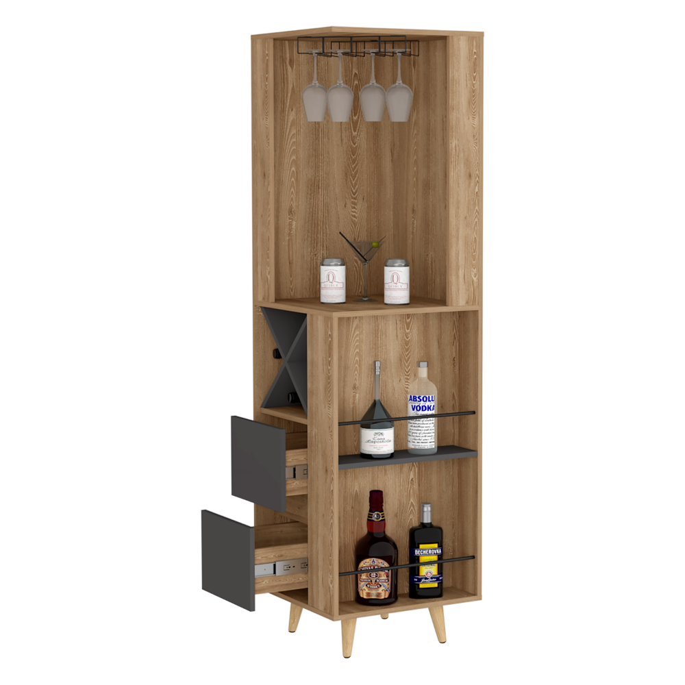Caguas Corner Bar Cabinet featuring two external shelves and four wine cubbies, elegantly designed in pine manufactured wood.