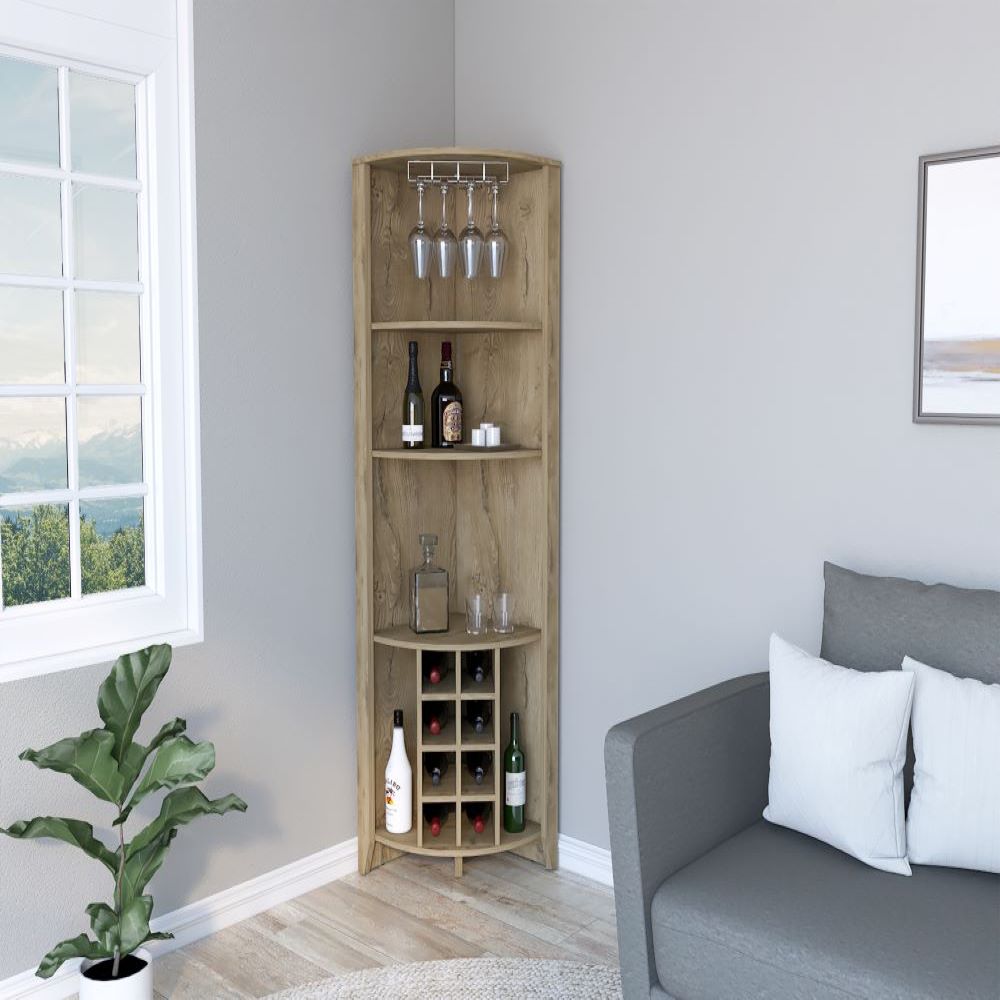 Castle Corner Bar Cabinet featuring three shelves, eight wine cubbies, and a cup rack in an elegant Macadamia wood finish.