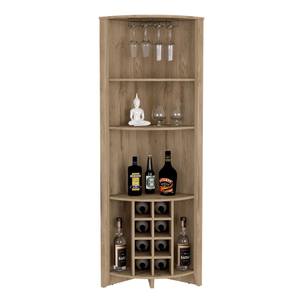 Castle Corner Bar Cabinet featuring three shelves, eight wine cubbies, and a cup rack in an elegant Macadamia wood finish.