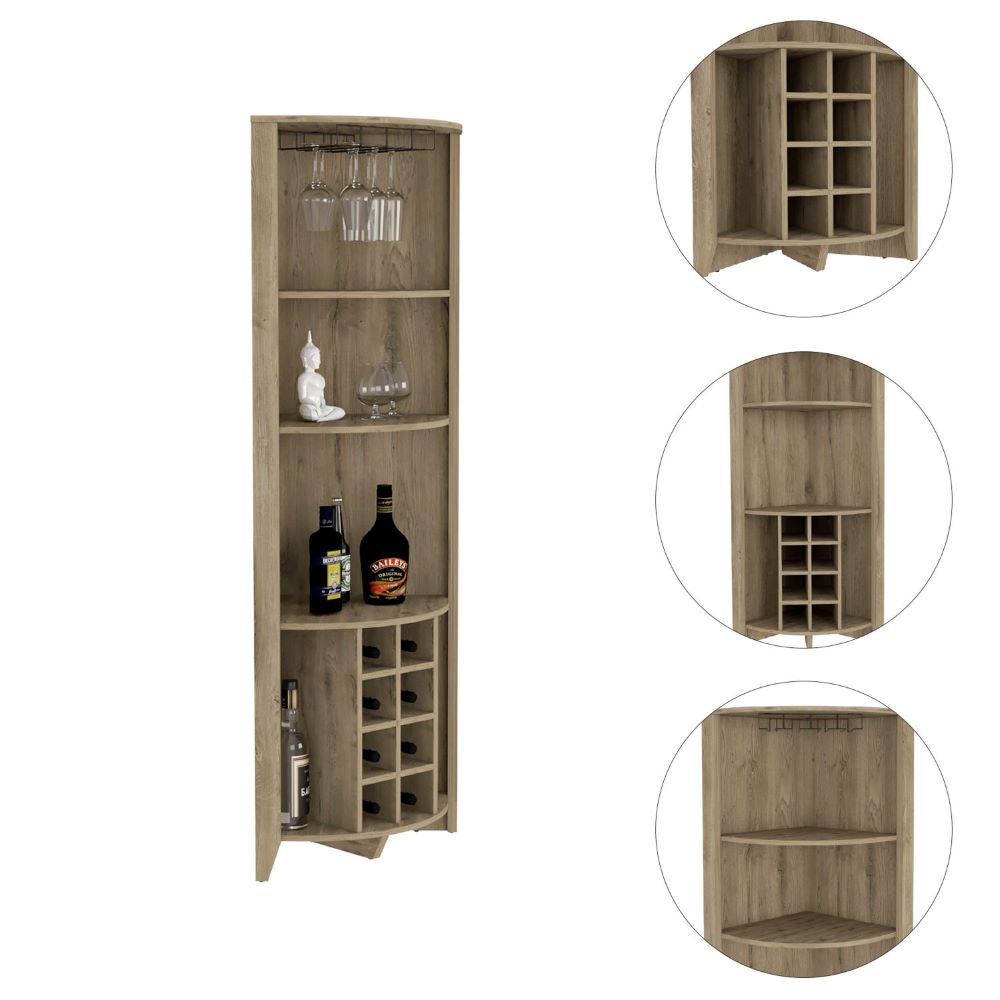 Castle Corner Bar Cabinet featuring three shelves, eight wine cubbies, and a cup rack in an elegant Macadamia wood finish.