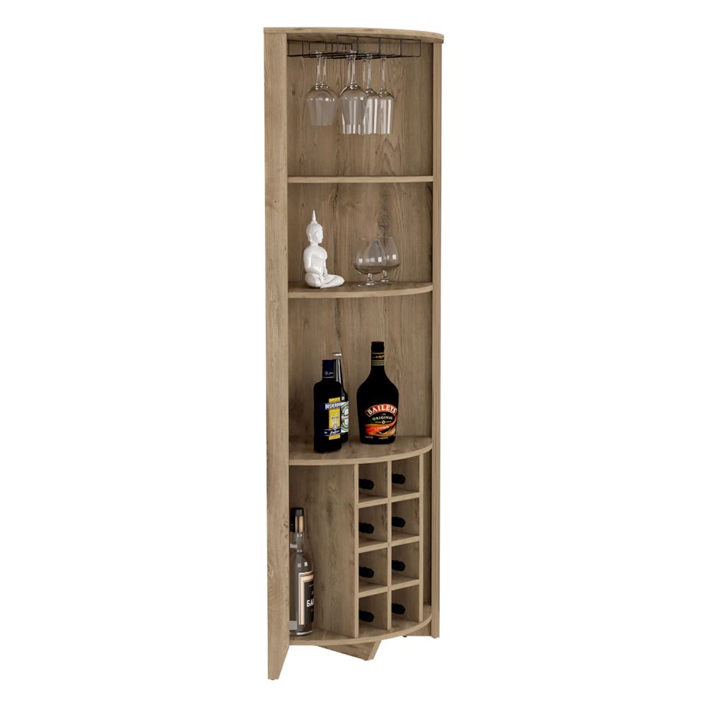 Castle Corner Bar Cabinet featuring three shelves, eight wine cubbies, and a cup rack in an elegant Macadamia wood finish.