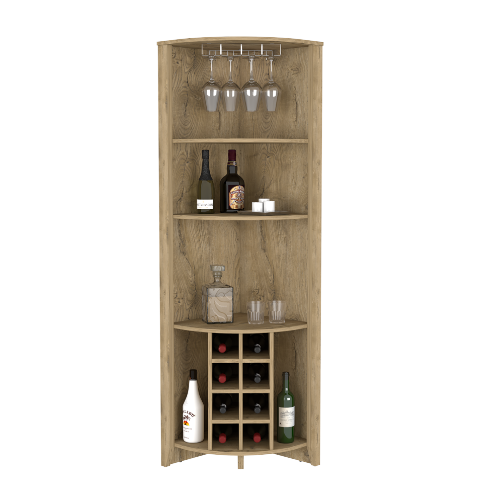 Castle Corner Bar Cabinet featuring three shelves, eight wine cubbies, and a cup rack in an elegant Macadamia wood finish.