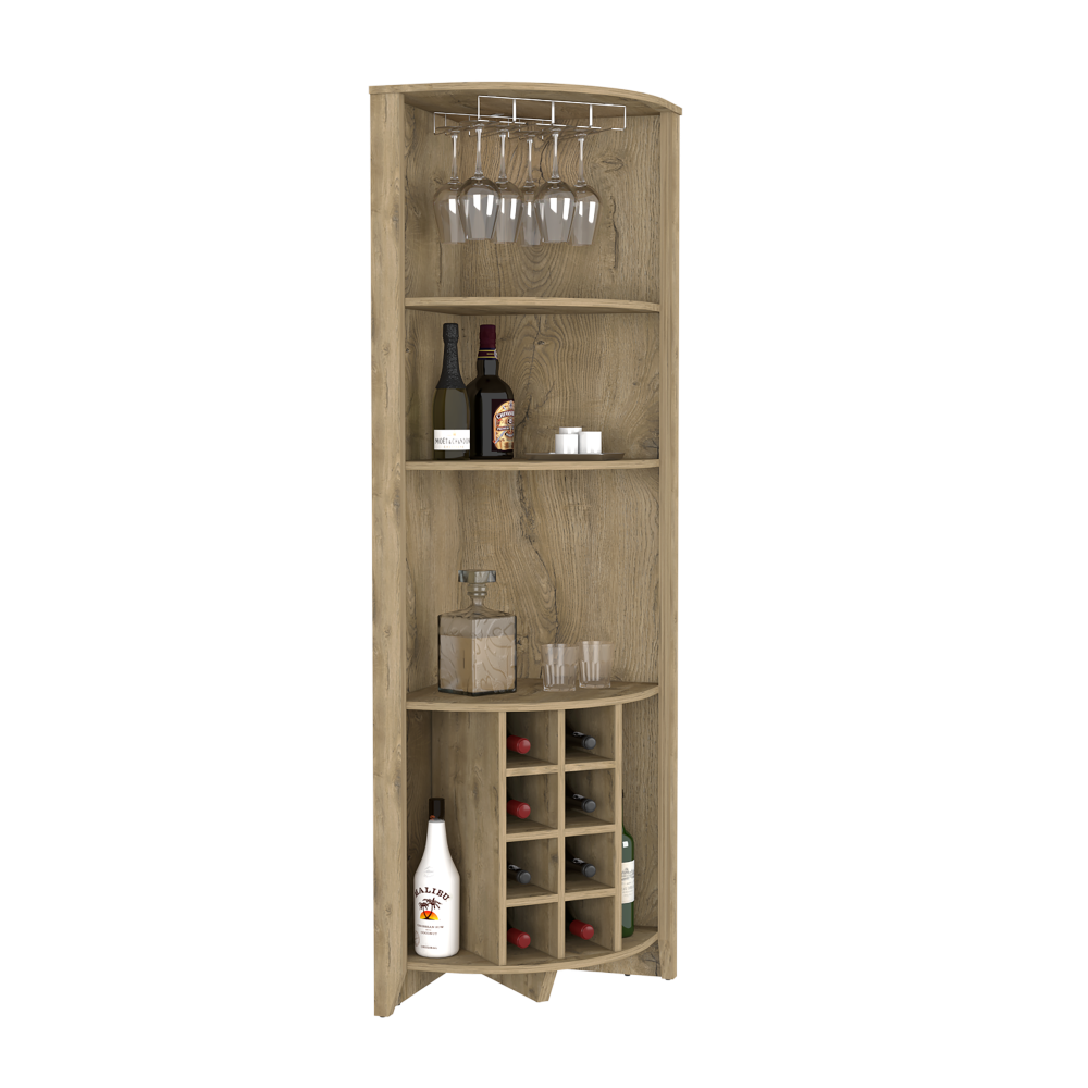 Castle Corner Bar Cabinet featuring three shelves, eight wine cubbies, and a cup rack in an elegant Macadamia wood finish.