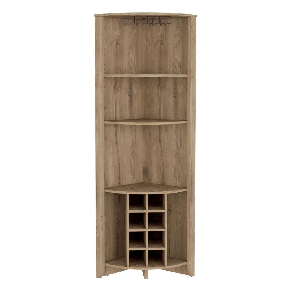 Castle Corner Bar Cabinet featuring three shelves, eight wine cubbies, and a cup rack in an elegant Macadamia wood finish.
