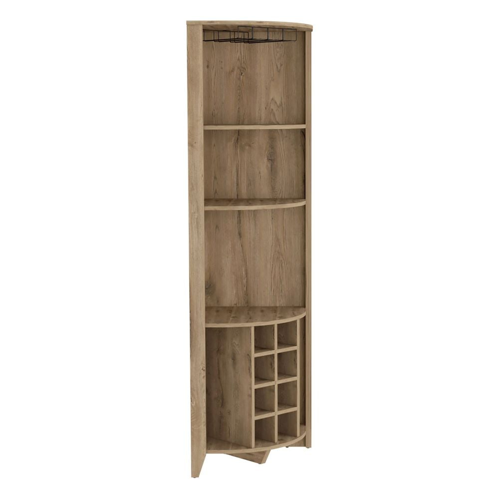 Castle Corner Bar Cabinet featuring three shelves, eight wine cubbies, and a cup rack in an elegant Macadamia wood finish.