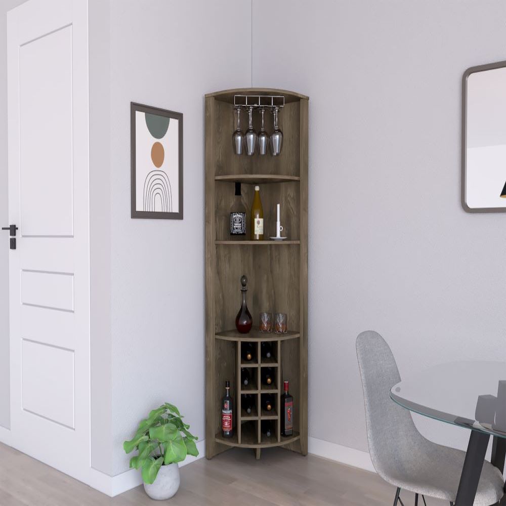 Castle Corner Bar Cabinet in dark brown finish with three shelves and eight wine cubbies, designed for urban homes.