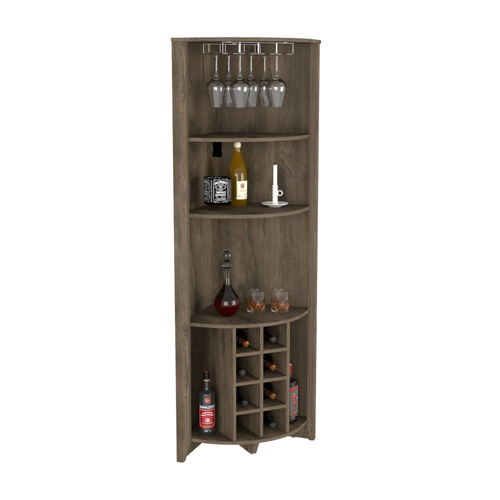 Castle Corner Bar Cabinet in dark brown finish with three shelves and eight wine cubbies, designed for urban homes.