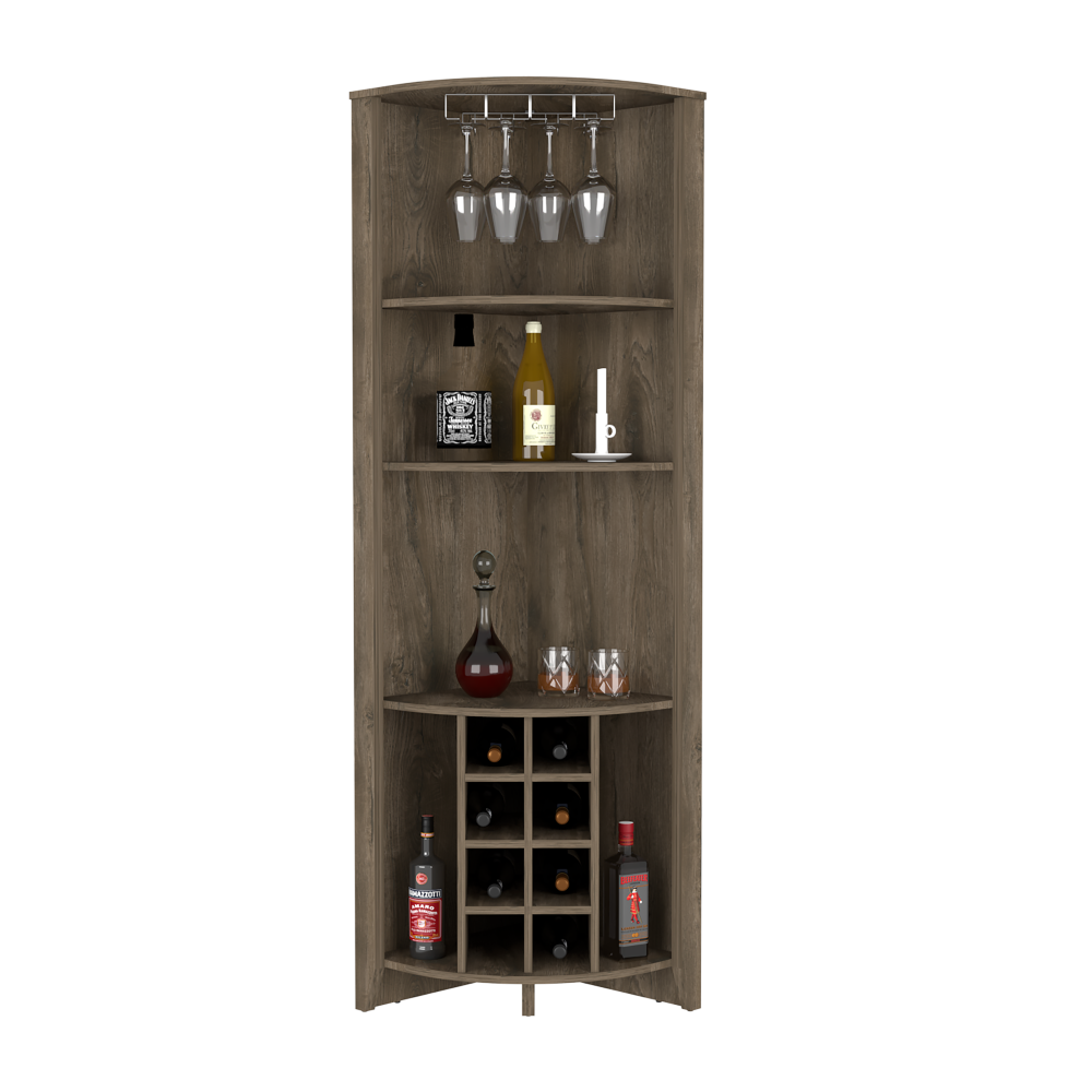 Castle Corner Bar Cabinet in dark brown finish with three shelves and eight wine cubbies, designed for urban homes.
