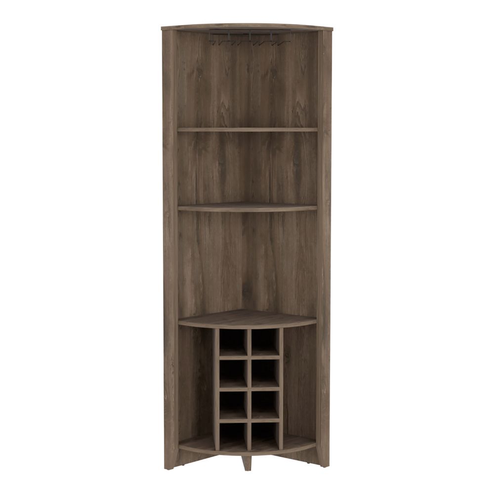 Castle Corner Bar Cabinet in dark brown finish with three shelves and eight wine cubbies, designed for urban homes.