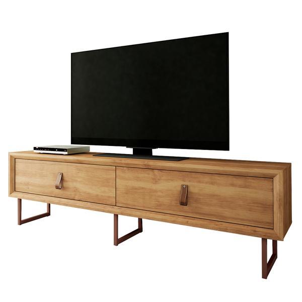 Country Chic TV Stand featuring copper feet and leather handles, showcasing a natural wood finish and bevelled edges.